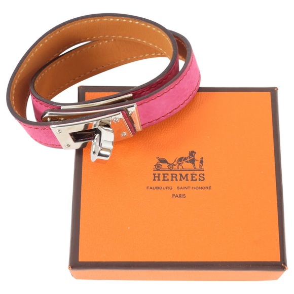 Hermes Jewelry - HERMES Kelly Double Tour Magnolia Pink Palladium Silver lock leather bracelet